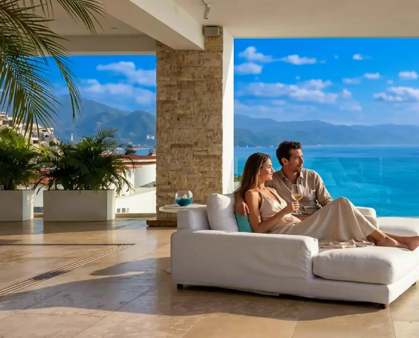 A couple relaxing on a white lounger on a covered sea deck, the open blue sea beyond the glass rail