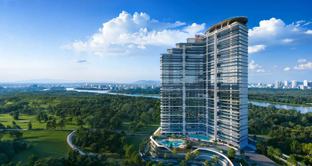 Artist's impression of the Raheja Exotica Positano tower rising above greenery and the creek
