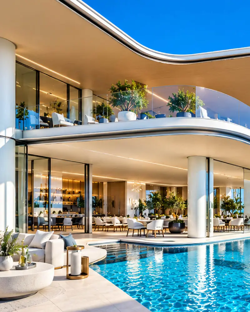 Pool terrace with lounge seating under curved white floors