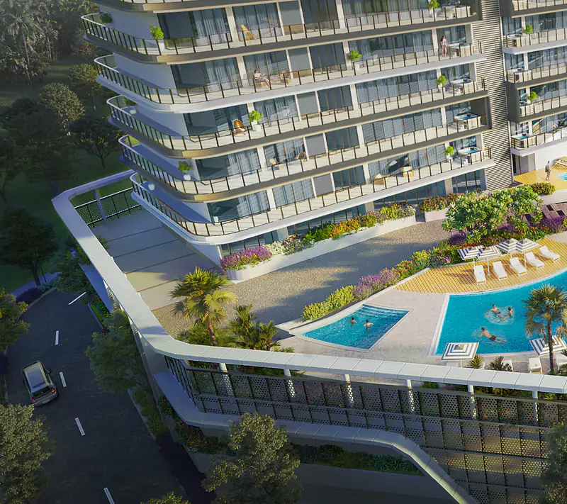 Podium-level pools surrounded by landscaping