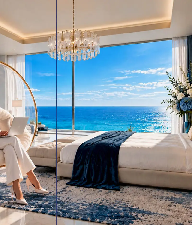 Bedroom with a wide window facing the water