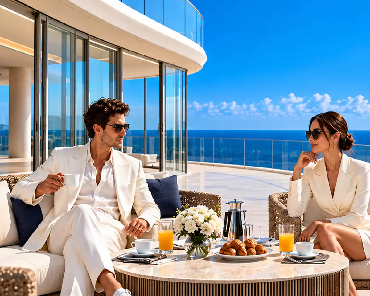 Breakfast on an open sea-facing terrace with the Arabian Sea behind